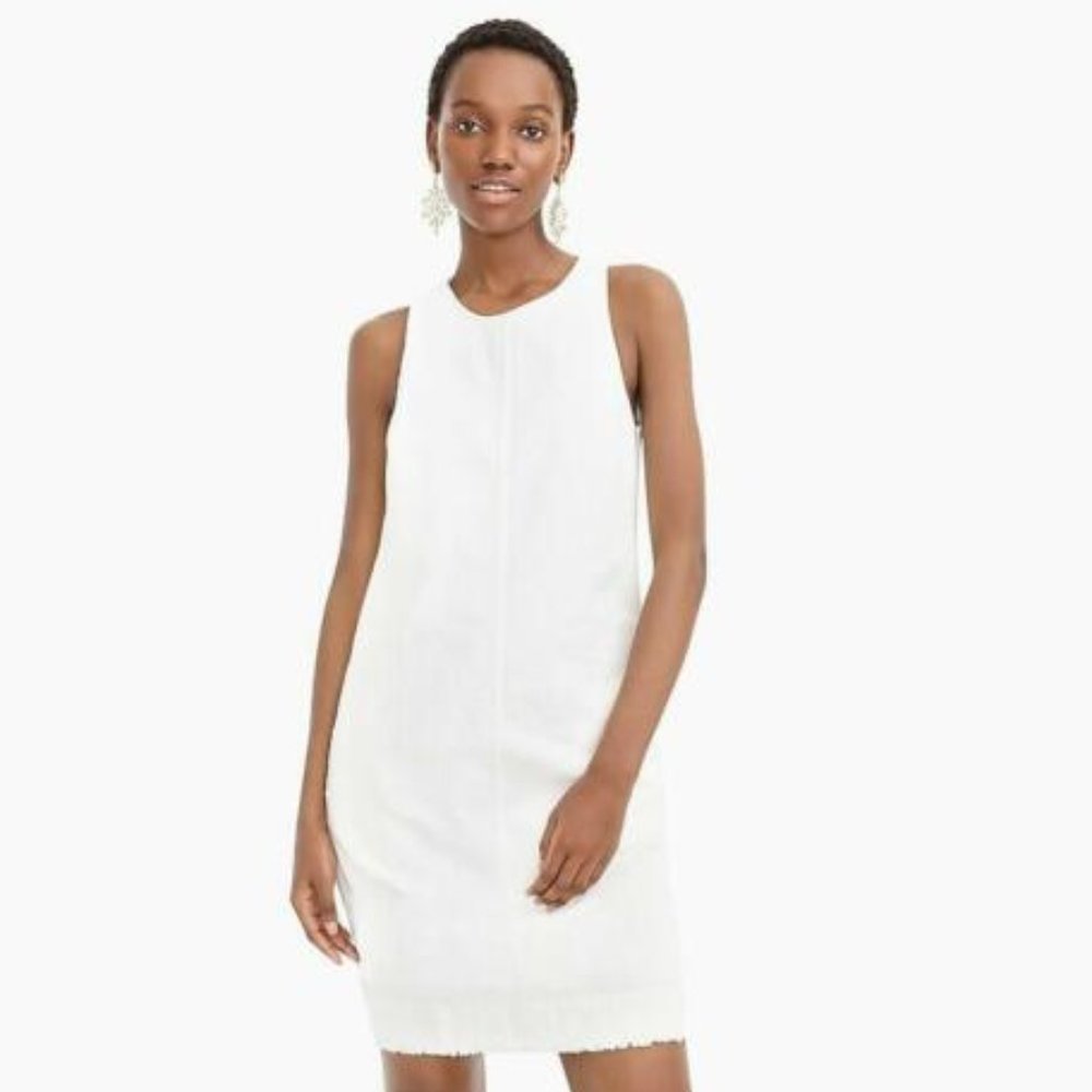 J. Crew White Denim Sleeveless Raw Fringe Hem Shift Dress In White Wash Size 6